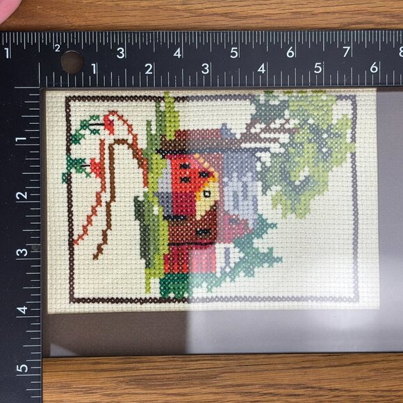 Vintage Framed Cross Stitch Country House or Red Barn in Solid Oak Wood Frame - Picture 12 of 12